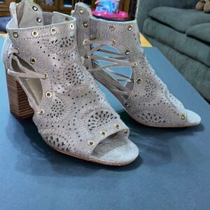 Latigo leather Karlena block heeled embellished peep toe sandals